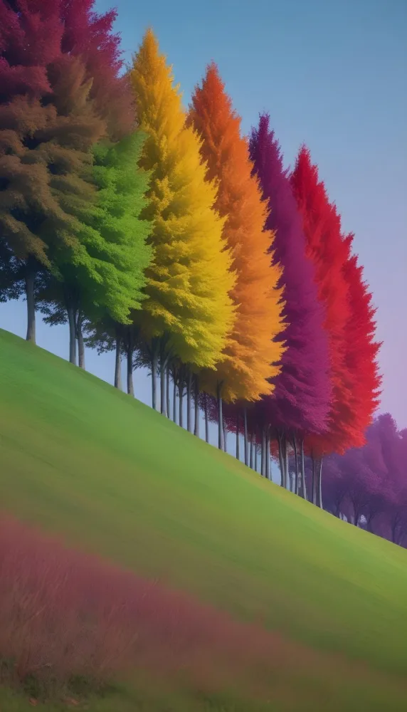 A Row Of Trees With Different Colored Leaves Blue Green Yellow And Red On A Green Grass Hill Clear Purple Sky 32 29f5