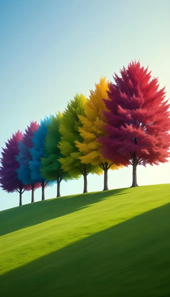 A Row Of Trees With Different Colored Leaves Blue Green Yellow And Red On A Green Grass Hill Clear Purple Sky 35 Bf95