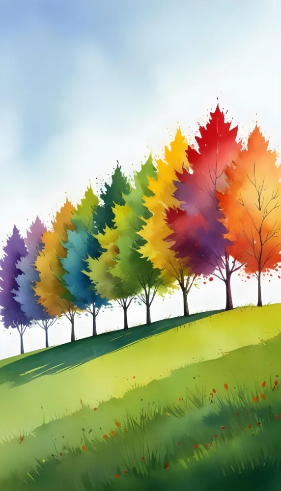 A Row Of Trees With Different Colored Leaves Blue Green Yellow And Red On A Green Grass Hill Clear Purple Sky 4 A6b7