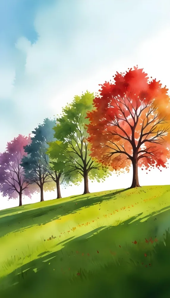 A Row Of Trees With Different Colored Leaves Blue Green Yellow And Red On A Green Grass Hill Clear Purple Sky 7 0b72