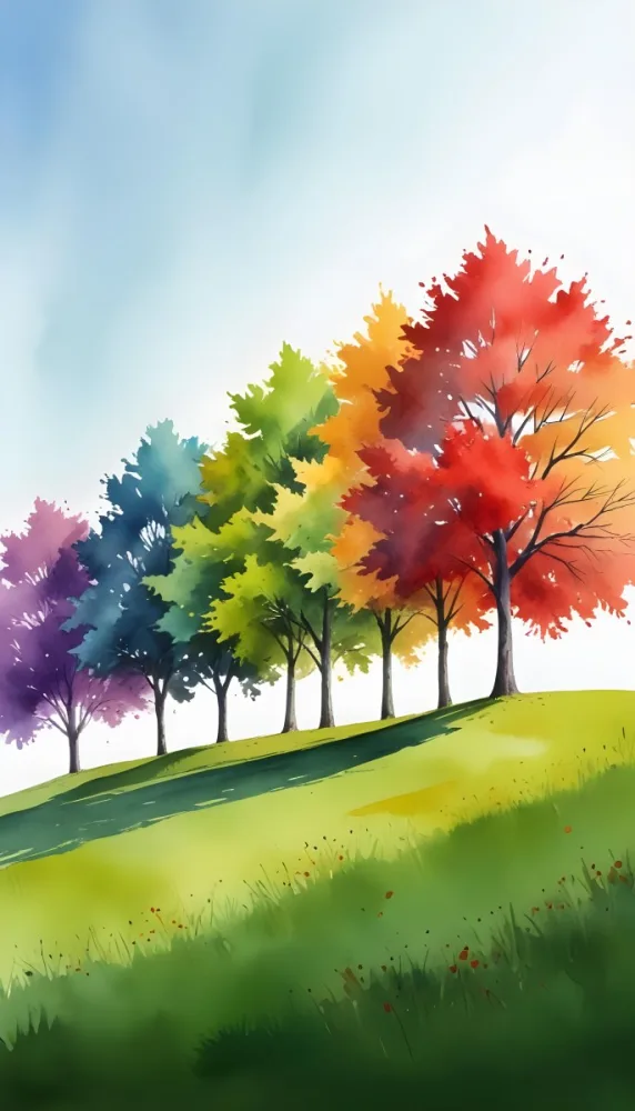 A Row Of Trees With Different Colored Leaves Blue Green Yellow And Red On A Green Grass Hill Clear Purple Sky 9 D7bf