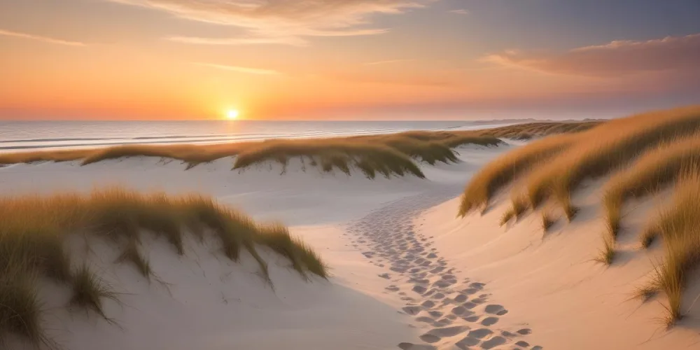 A Serene Beach Scene At Sunset With Soft Sand Dunes Covered In Tall Grass Leading Down To The Calm Ocean Waters The Sun Is Setting On The Horizon Casting A Warm Golden Glow Across The Scene 12 A58b