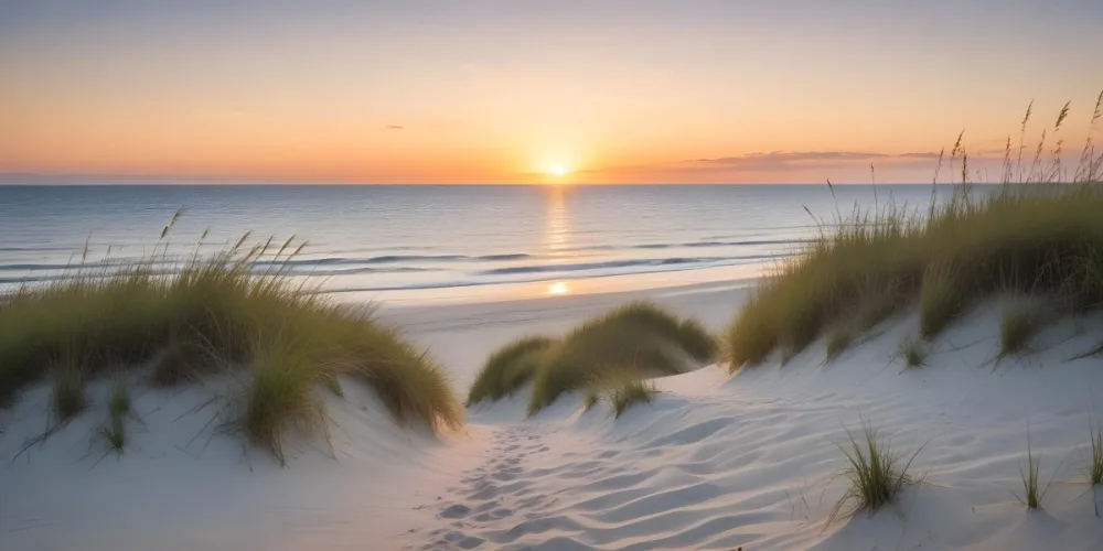 A Serene Beach Scene At Sunset With Soft Sand Dunes Covered In Tall Grass Leading Down To The Calm Ocean Waters The Sun Is Setting On The Horizon Casting A Warm Golden Glow Across The Scene 13 0566