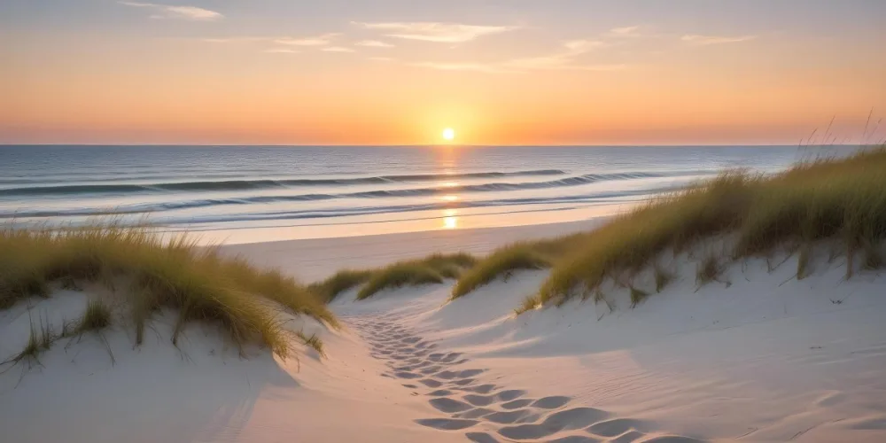 A Serene Beach Scene At Sunset With Soft Sand Dunes Covered In Tall Grass Leading Down To The Calm Ocean Waters The Sun Is Setting On The Horizon Casting A Warm Golden Glow Across The Scene 14 2928