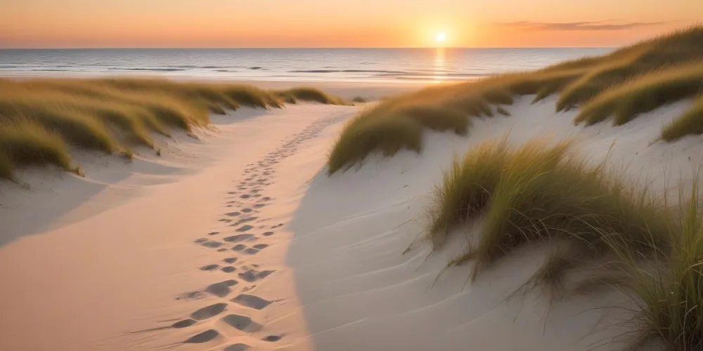 A Serene Beach Scene At Sunset With Soft Sand Dunes Covered In Tall Grass Leading Down To The Calm Ocean Waters The Sun Is Setting On The Horizon Casting A Warm Golden Glow Across The Scene 15 E1ba