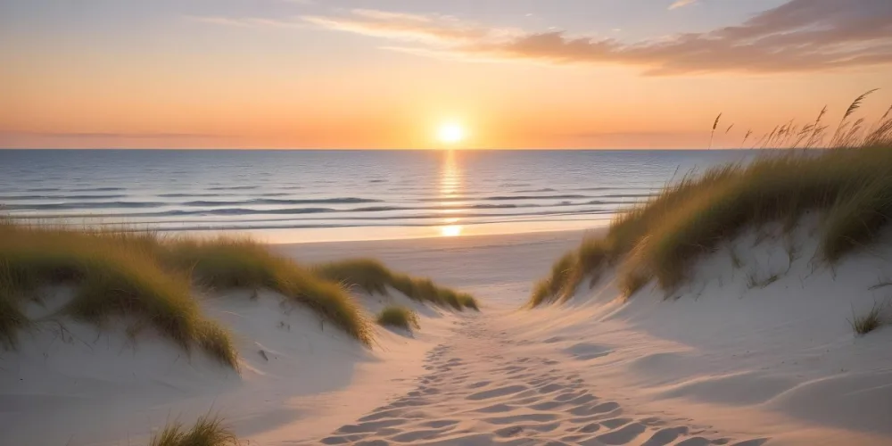 A Serene Beach Scene At Sunset With Soft Sand Dunes Covered In Tall Grass Leading Down To The Calm Ocean Waters The Sun Is Setting On The Horizon Casting A Warm Golden Glow Across The Scene 16 A515