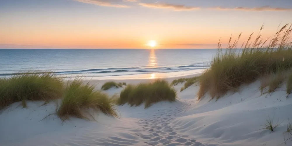 A Serene Beach Scene At Sunset With Soft Sand Dunes Covered In Tall Grass Leading Down To The Calm Ocean Waters The Sun Is Setting On The Horizon Casting A Warm Golden Glow Across The Scene 2 B006
