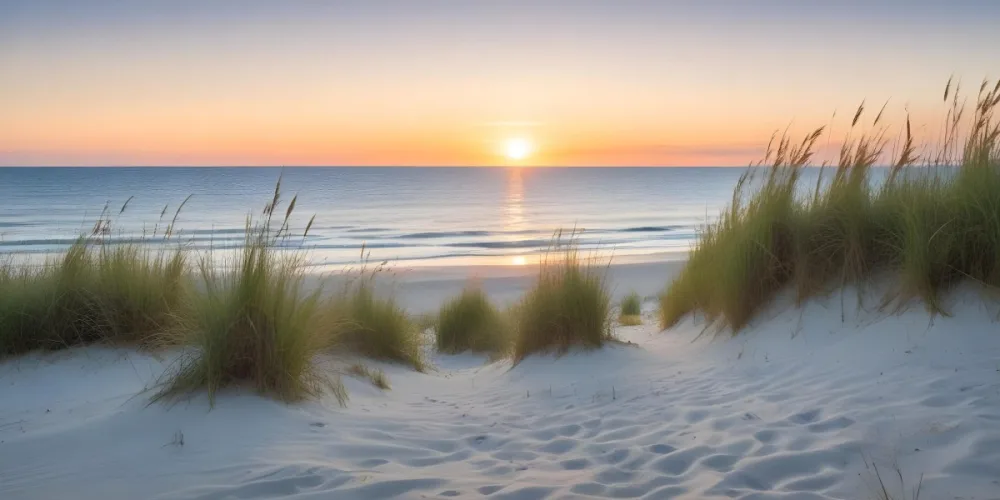 A Serene Beach Scene At Sunset With Soft Sand Dunes Covered In Tall Grass Leading Down To The Calm Ocean Waters The Sun Is Setting On The Horizon Casting A Warm Golden Glow Across The Scene 3 Ac91