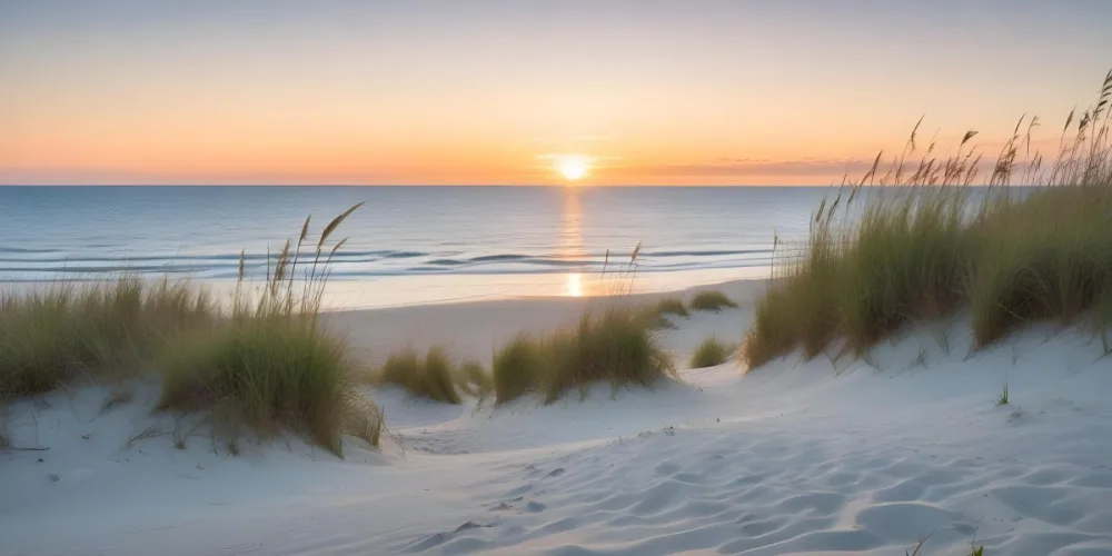 A Serene Beach Scene At Sunset With Soft Sand Dunes Covered In Tall Grass Leading Down To The Calm Ocean Waters The Sun Is Setting On The Horizon Casting A Warm Golden Glow Across The Scene 4 Bfdc