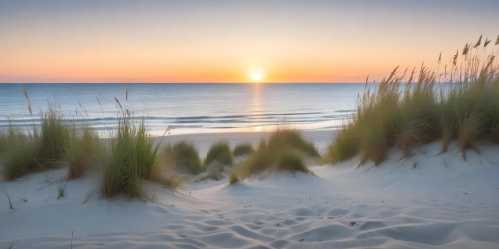 A Serene Beach Scene At Sunset With Soft Sand Dunes Covered In Tall Grass Leading Down To The Calm Ocean Waters The Sun Is Setting On The Horizon Casting A Warm Golden Glow Across The Scene 5 Dba7