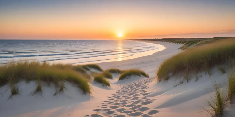 A Serene Beach Scene At Sunset With Soft Sand Dunes Covered In Tall Grass Leading Down To The Calm Ocean Waters The Sun Is Setting On The Horizon Casting A Warm Golden Glow Across The Scene 6 04ac