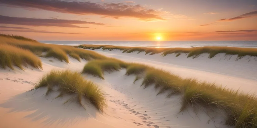 A Serene Beach Scene At Sunset With Soft Sand Dunes Covered In Tall Grass Leading Down To The Calm Ocean Waters The Sun Is Setting On The Horizon Casting A Warm Golden Glow Across The Scene 7 4e47