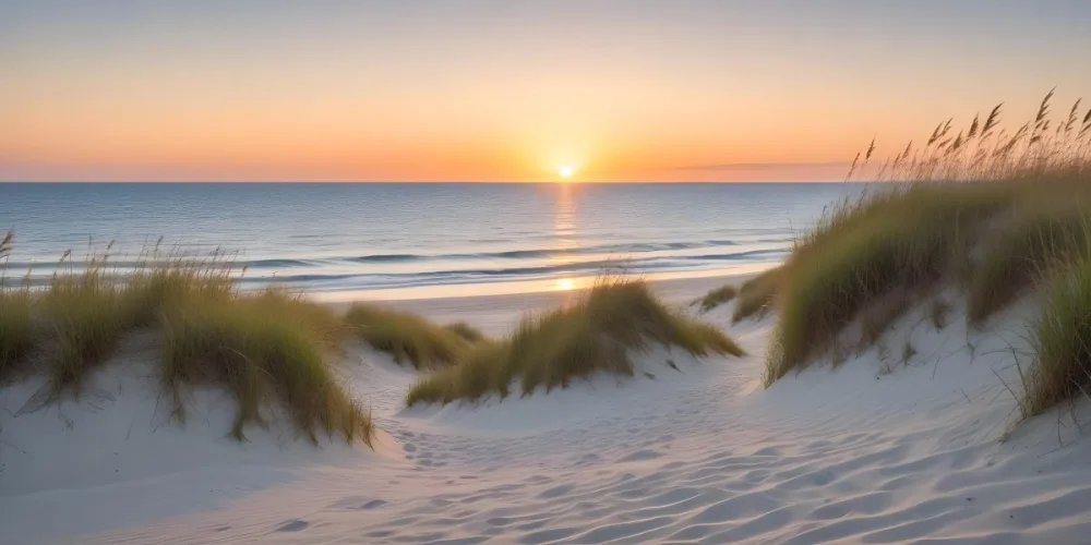 A Serene Beach Scene At Sunset With Soft Sand Dunes Covered In Tall Grass Leading Down To The Calm Ocean Waters The Sun Is Setting On The Horizon Casting A Warm Golden Glow Across The Scene 8 917d
