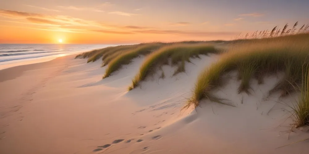 A Serene Beach Scene At Sunset With Soft Sand Dunes Covered In Tall Grass Leading Down To The Calm Ocean Waters The Sun Is Setting On The Horizon Casting A Warm Golden Glow Across The Scene 9 0392
