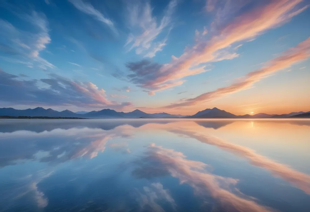 A Serene Landscape With A Calm Body Of Water Reflecting The Colorful Sky At Sunset The Sky Is Filled With Wispy Clouds In Shades Of Blue Creating A Beautiful And Peaceful Scene With Mountains In The Background 5 6099
