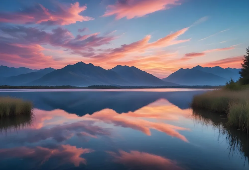 A Serene Landscape With A Calm Body Of Water Reflecting The Colorful Sky At Sunset The Sky Is Filled With Wispy Clouds In Shades Of Blue Creating A Beautiful And Peaceful Scene With Mountains In The Background 6 22c7