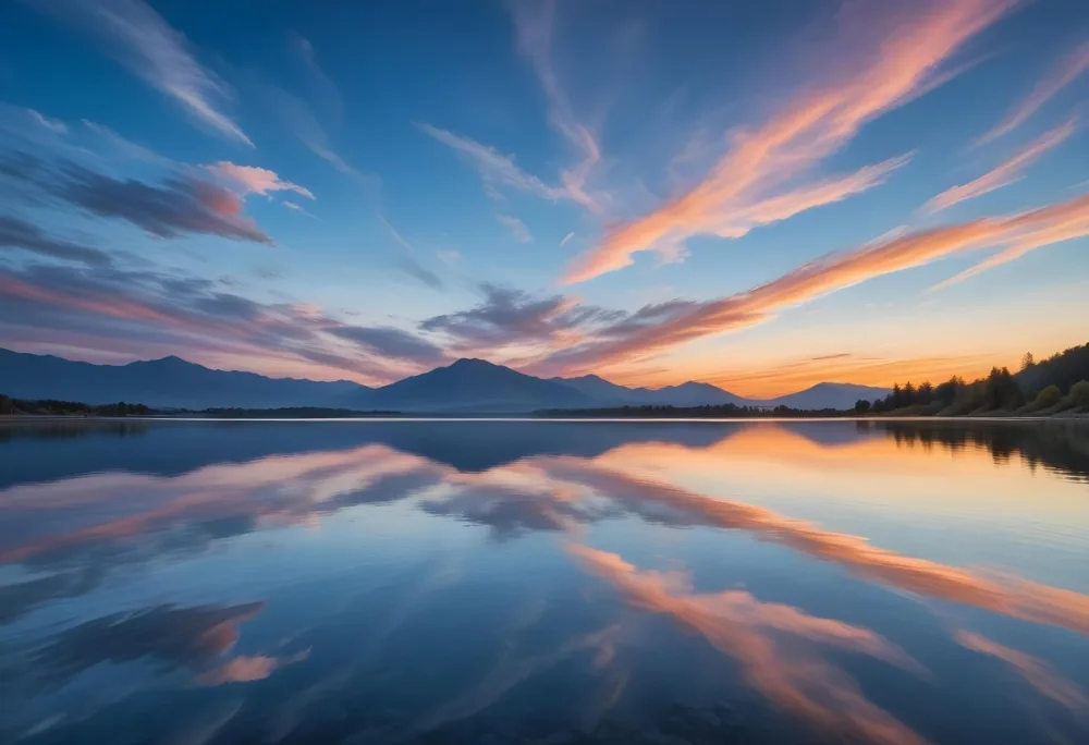 A Serene Landscape With A Calm Body Of Water Reflecting The Colorful Sky At Sunset The Sky Is Filled With Wispy Clouds In Shades Of Blue Creating A Beautiful And Peaceful Scene With Mountains In The Background 7 8ae1