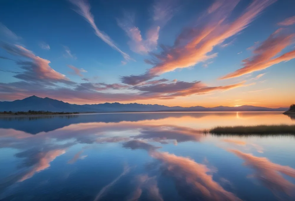 A Serene Landscape With A Calm Body Of Water Reflecting The Colorful Sky At Sunset The Sky Is Filled With Wispy Clouds In Shades Of Blue Creating A Beautiful And Peaceful Scene With Mountains In The Background 8 3ef3