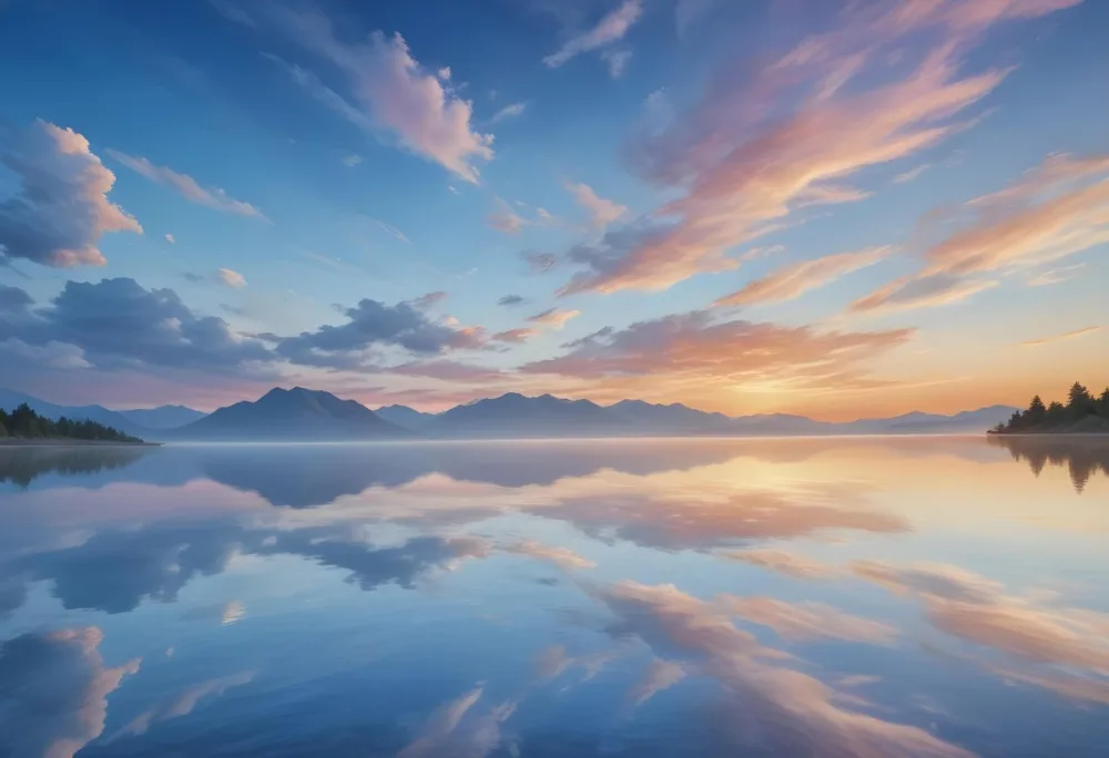 A Serene Landscape With A Calm Body Of Water Reflecting The Colorful Sky At Sunset The Sky Is Filled With Wispy Clouds In Shades Of Blue Creating A Beautiful And Peaceful Scene With Mountains In The Background 9 8ae9