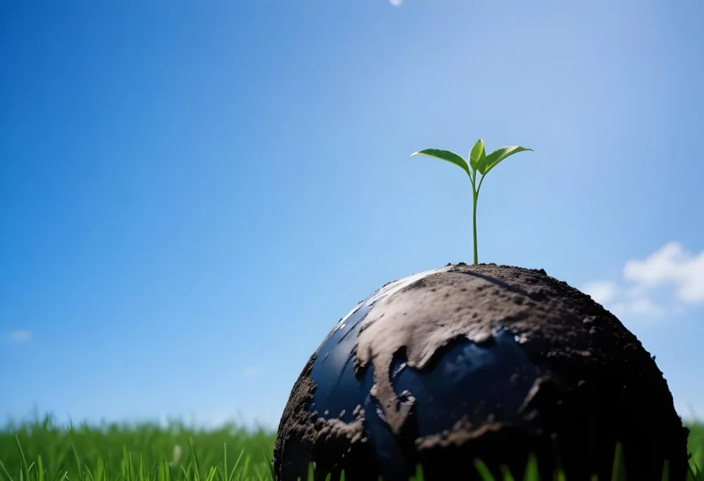 A Small Green Plant Growing On Top Of The Earth With A Blue Sky And Green Grass In The Background 27 3c78