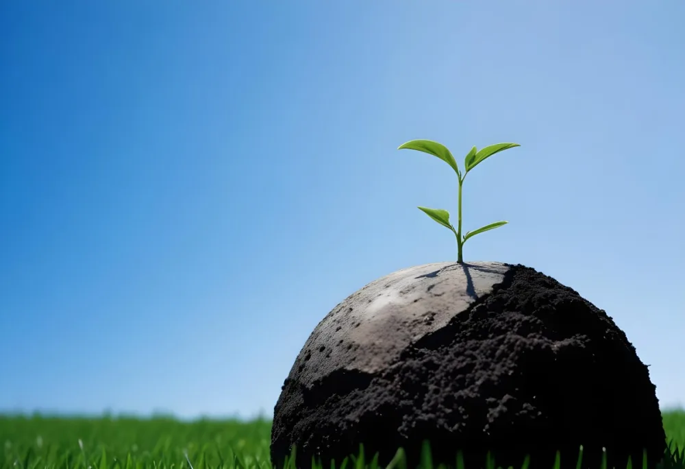A Small Green Plant Growing On Top Of The Earth With A Blue Sky And Green Grass In The Background 39 10ca