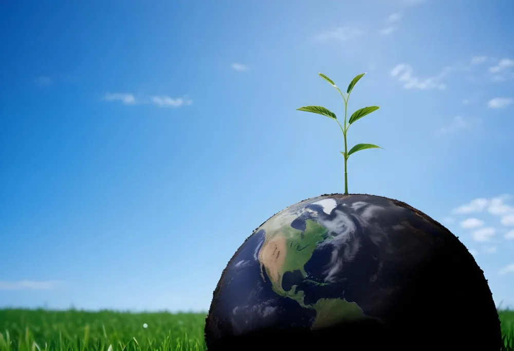 A Small Green Plant Growing On Top Of The Earth With A Blue Sky And Green Grass In The Background 42 7fac