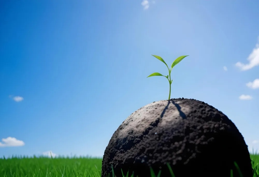 A Small Green Plant Growing On Top Of The Earth With A Blue Sky And Green Grass In The Background 44 1d18