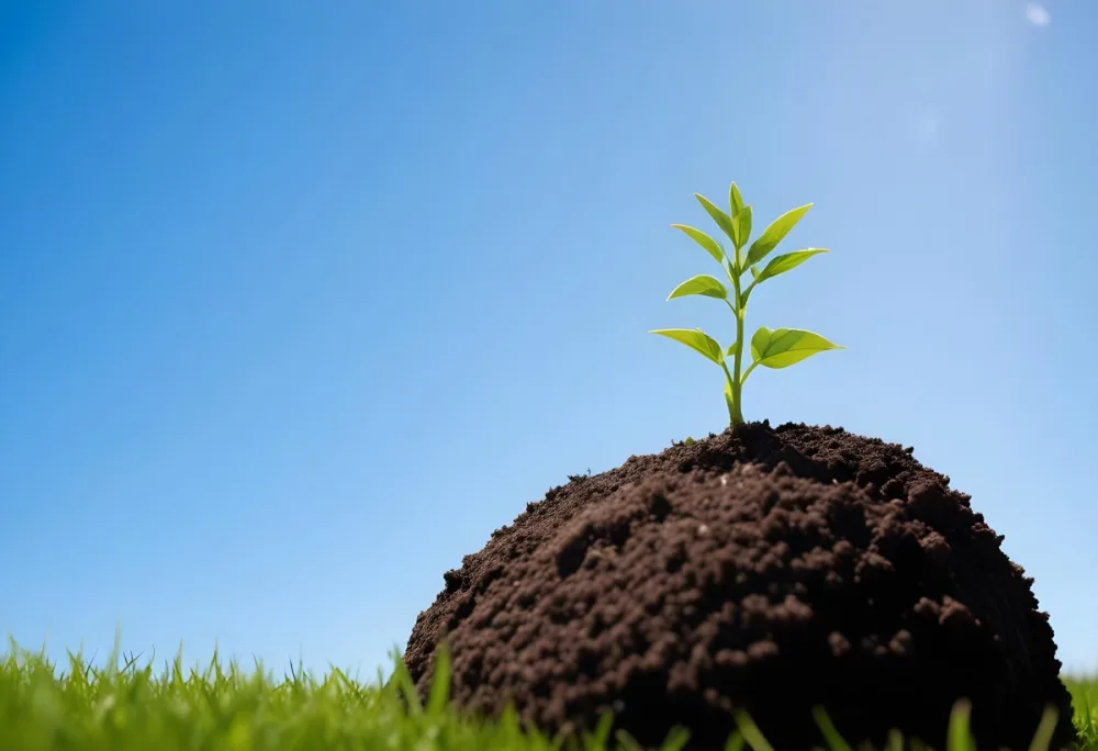 A Small Green Plant Growing On Top Of The Earth With A Blue Sky And Green Grass In The Background 45 Fa05
