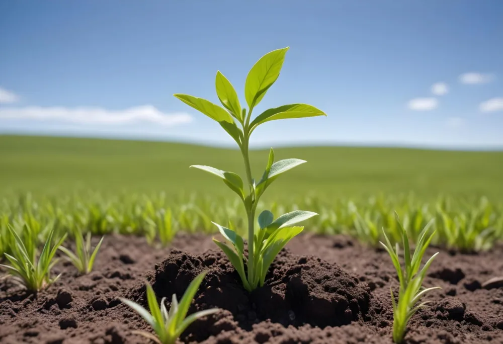 A Small Green Plant Growing On Top Of The Earth With A Blue Sky And Green Grass In The Background 46 B22e
