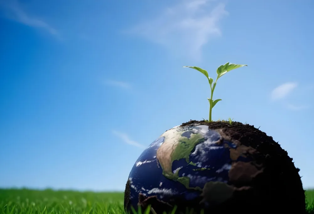 A Small Green Plant Growing On Top Of The Earth With A Blue Sky And Green Grass In The Background 48 5aba