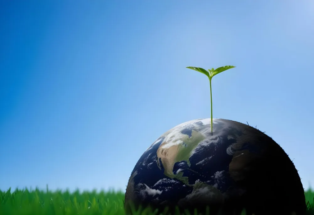 A Small Green Plant Growing On Top Of The Earth With A Blue Sky And Green Grass In The Background 49 78ae