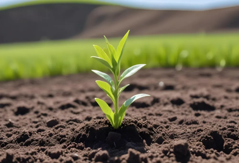 A Small Green Plant Growing On Top Of The Earth With A Blue Sky And Green Grass In The Background 5 4a16