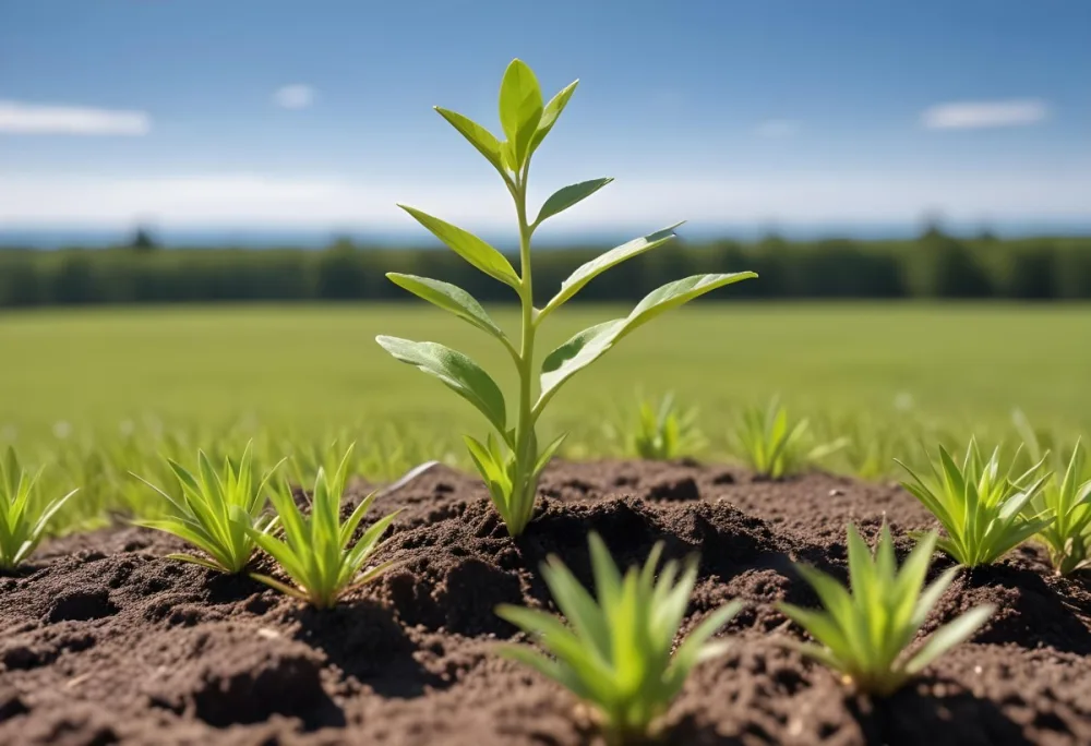 A Small Green Plant Growing On Top Of The Earth With A Blue Sky And Green Grass In The Background 7 5b6e