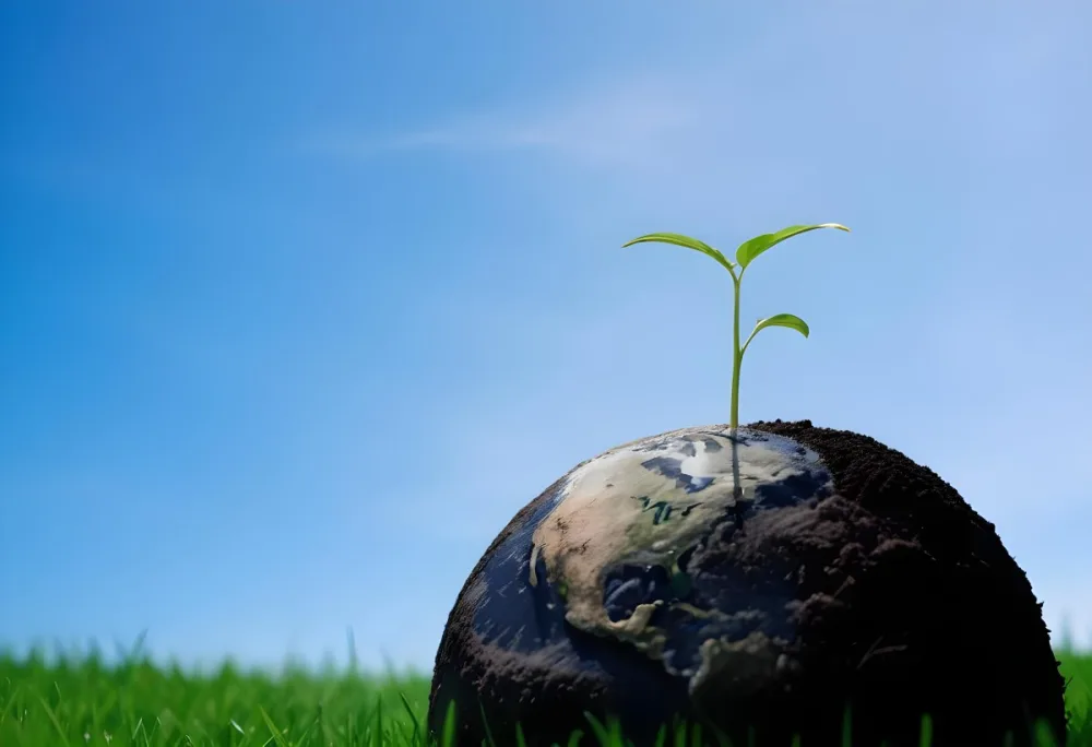 A Small Green Plant Growing On Top Of The Earth With A Blue Sky And Green Grass In The Background 8 9835
