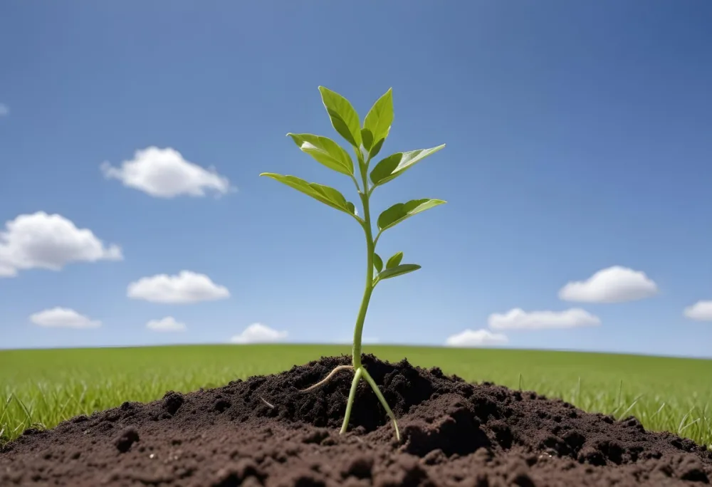 A Small Green Plant Growing On Top Of The Earth With A Blue Sky And Green Grass In The Background 9 A5d1