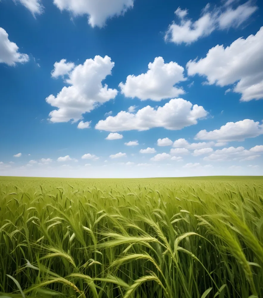 A Vast Green Wheat Field Under A Bright Blue