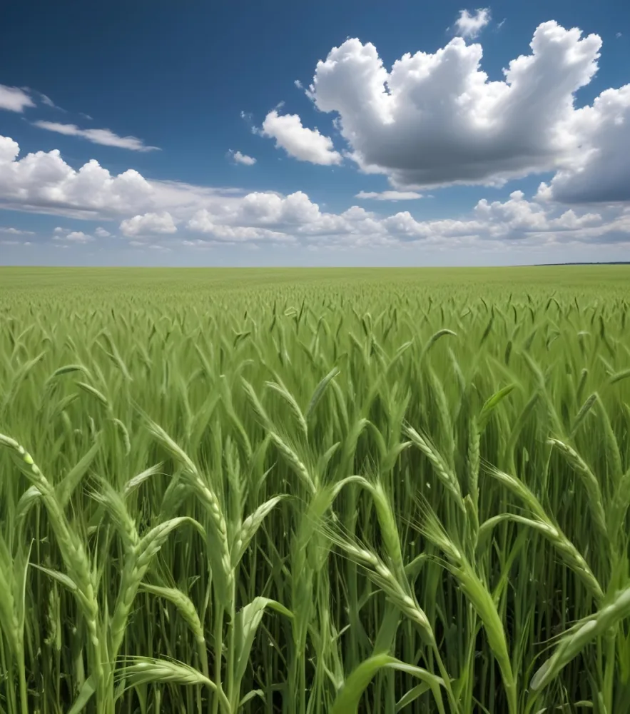 A Vast Green Wheat Field Under A Bright Blue Sky With Fluffy White Clouds 21 9b9c