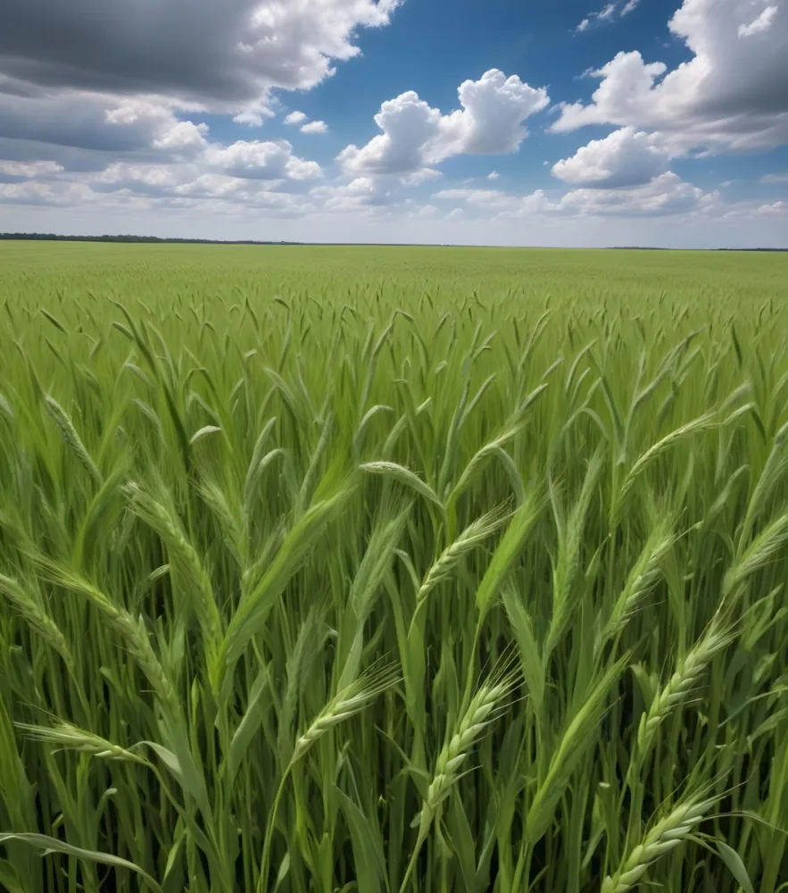 A Vast Green Wheat Field Under A Bright Blue Sky With Fluffy White Clouds 26 8f1b