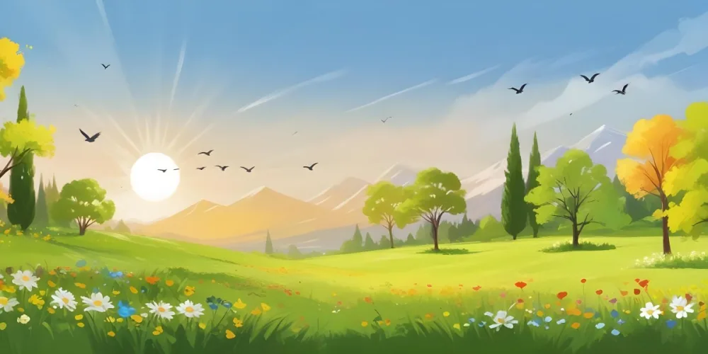 A Vibrant Green Field With Colorful Flowers A Few Trees And Birds Flying In The Sky With Mountains In The Background And A Bright Sun 5 B63a