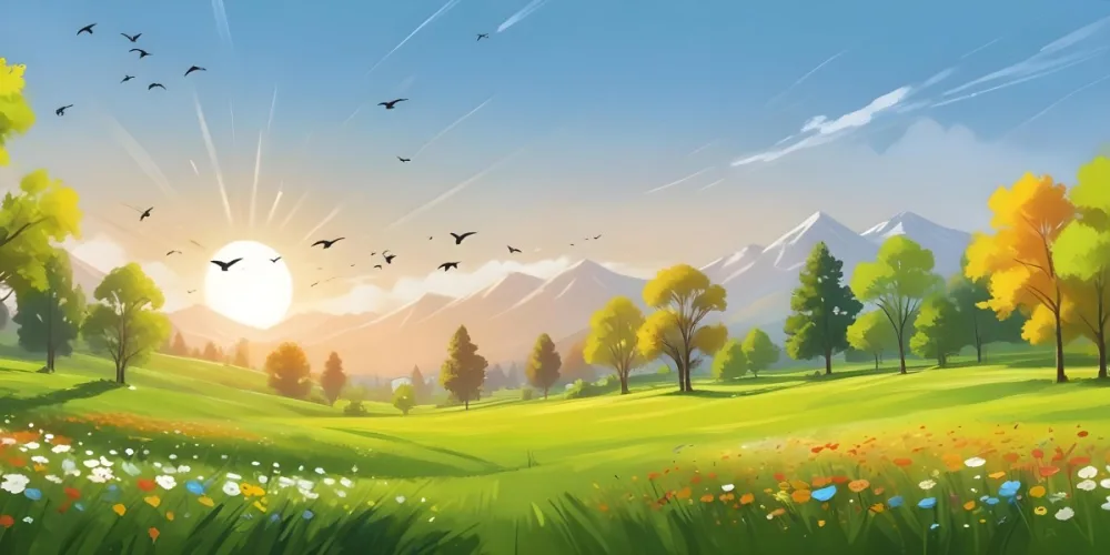 A Vibrant Green Field With Colorful Flowers A Few Trees And Birds Flying In The Sky With Mountains In The Background And A Bright Sun 7 2feb