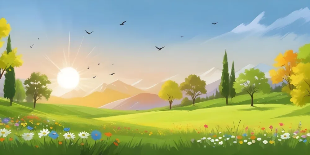 A Vibrant Green Field With Colorful Flowers A Few Trees And Birds Flying In The Sky With Mountains In The Background And A Bright Sun 8 A6d4