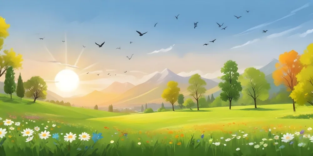 A Vibrant Green Field With Colorful Flowers A Few Trees And Birds Flying In The Sky With Mountains In The Background And A Bright Sun 9 D22a