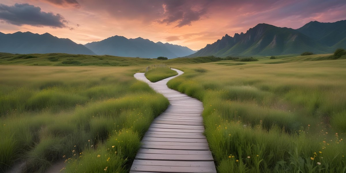 Comic Style A Wooden Walkway Leading Through A Lush Green Landscape With Mountains In The Background Under A Dramatic Cloudy Sky At Sunset A Stone Path Winding Through A Vibrant Colorful Meadow With Hills In 12 Bae3