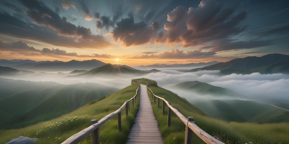 Comic Style A Wooden Walkway Leading Through A Lush Green Landscape With Mountains In The Background Under A Dramatic Cloudy Sky At Sunset A Stone Path Winding Through A Vibrant Colorful Meadow With Hills In 17 8674