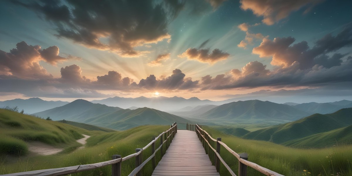 Comic Style A Wooden Walkway Leading Through A Lush Green Landscape With Mountains In The Background Under A Dramatic Cloudy Sky At Sunset A Stone Path Winding Through A Vibrant Colorful Meadow With Hills In 18 0065