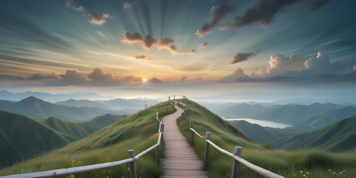 Comic Style A Wooden Walkway Leading Through A Lush Green Landscape With Mountains In The Background Under A Dramatic Cloudy Sky At Sunset A Stone Path Winding Through A Vibrant Colorful Meadow With Hills In 22 388f
