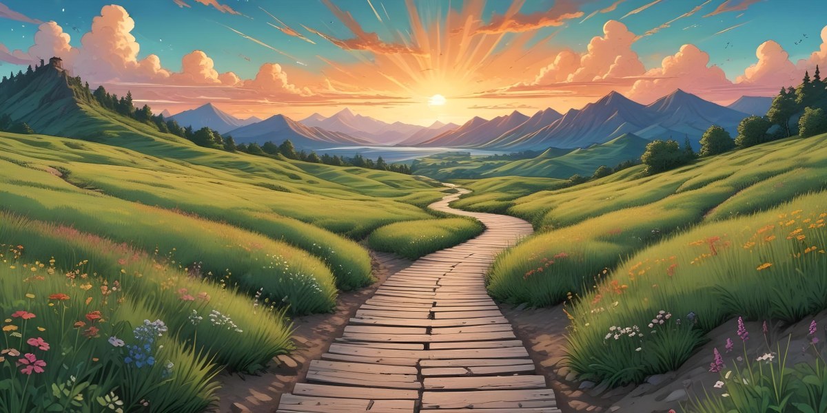 Comic Style A Wooden Walkway Leading Through A Lush Green Landscape With Mountains In The Background Under A Dramatic Cloudy Sky At Sunset A Stone Path Winding Through A Vibrant Colorful Meadow With Hills In 28 7c8f