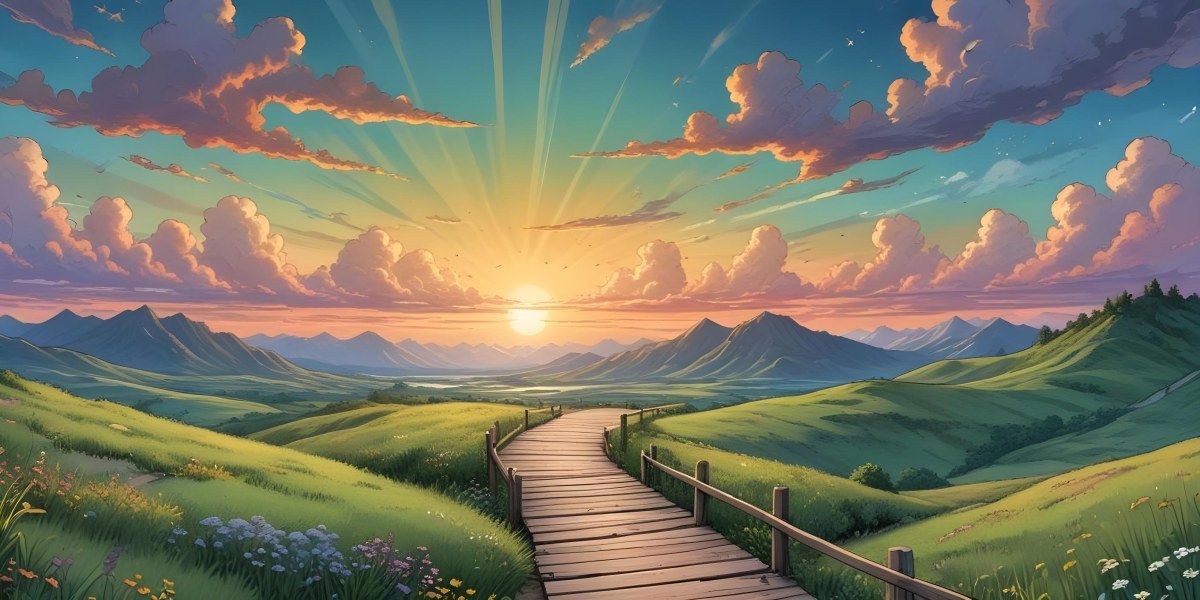 Comic Style A Wooden Walkway Leading Through A Lush Green Landscape With Mountains In The Background Under A Dramatic Cloudy Sky At Sunset A Stone Path Winding Through A Vibrant Colorful Meadow With Hills In 30 1305