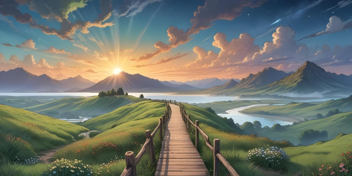 Comic Style A Wooden Walkway Leading Through A Lush Green Landscape With Mountains In The Background Under A Dramatic Cloudy Sky At Sunset A Stone Path Winding Through A Vibrant Colorful Meadow With Hills In 33 9742