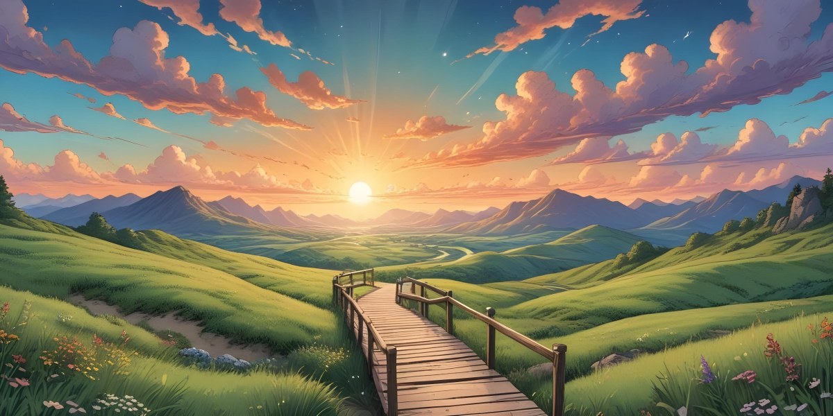 Comic Style A Wooden Walkway Leading Through A Lush Green Landscape With Mountains In The Background Under A Dramatic Cloudy Sky At Sunset A Stone Path Winding Through A Vibrant Colorful Meadow With Hills In 37 E18c